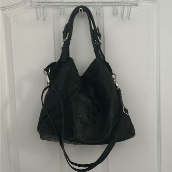 Genuine Leather Floral Embossed Slouchy Handbag Crossbody Black - Picture 4 of 8